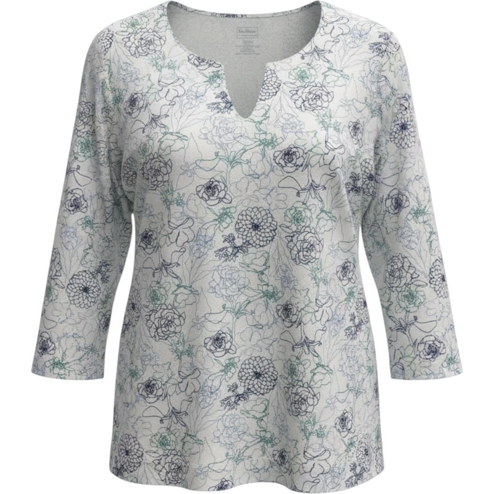 L.L. Bean 2X Plus Floral Tee 100% Supima Cotton 3/4 Sleeve Notch Neck Top Casual